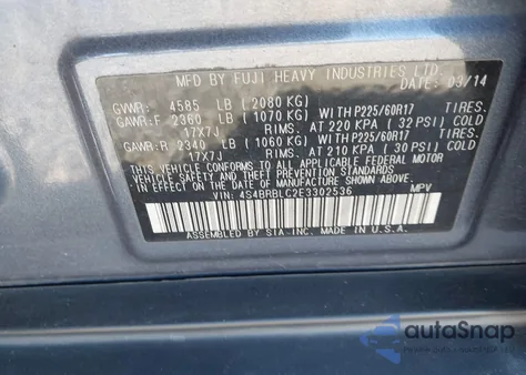 2014 Subaru Outback 2.5I Limited from USA, damaged, VIN 4S4BRBLC2E3302536